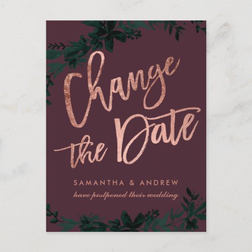 Rose gold red Floral postponed change the date Announcement Postcard