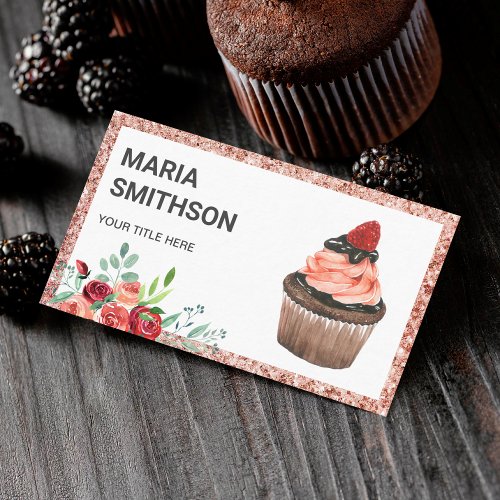 Rose Gold Red Floral Strawberry Cupcake Bakery Business Card