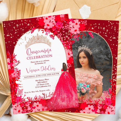 Rose gold red floral tiara princess Quinceanera Invitation