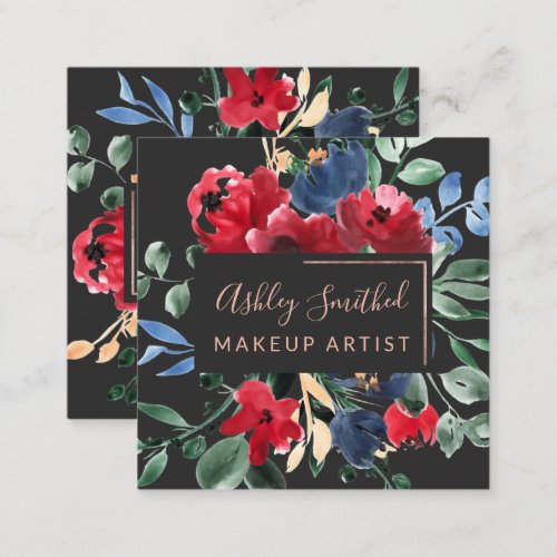 Rose Gold red floral watercolor chic makeup  Square Business Card