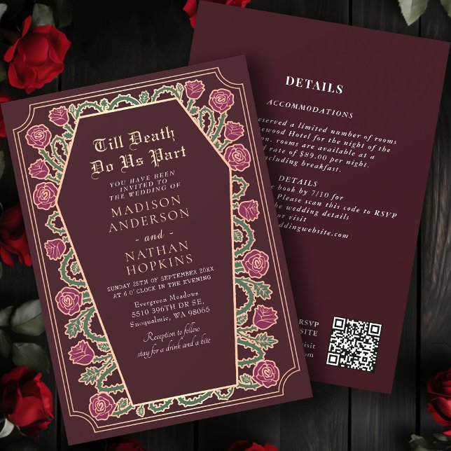 Rose Gold Red Gothic Coffin Wedding QR Code Invitation (Creator Uploaded)