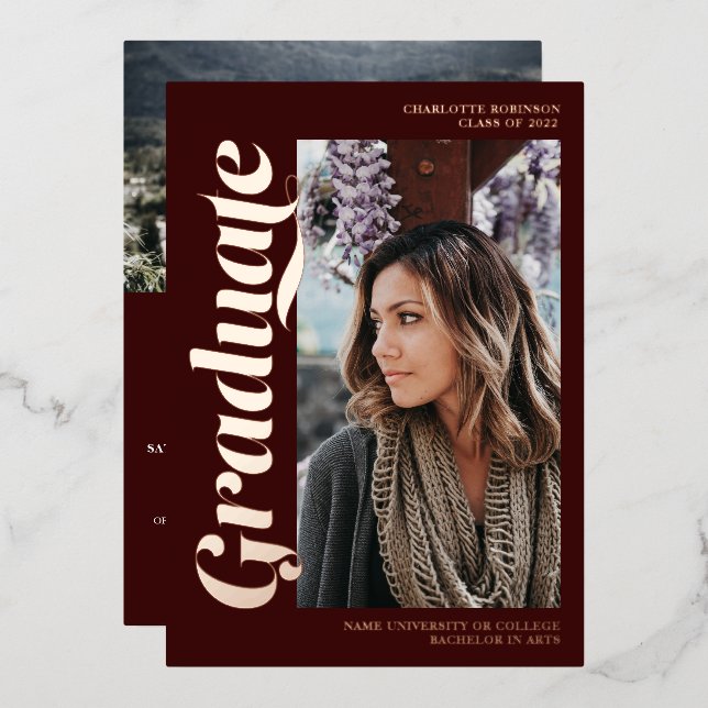 Rose gold red graduate script 3 photos graduation foil invitation (Front/Back)