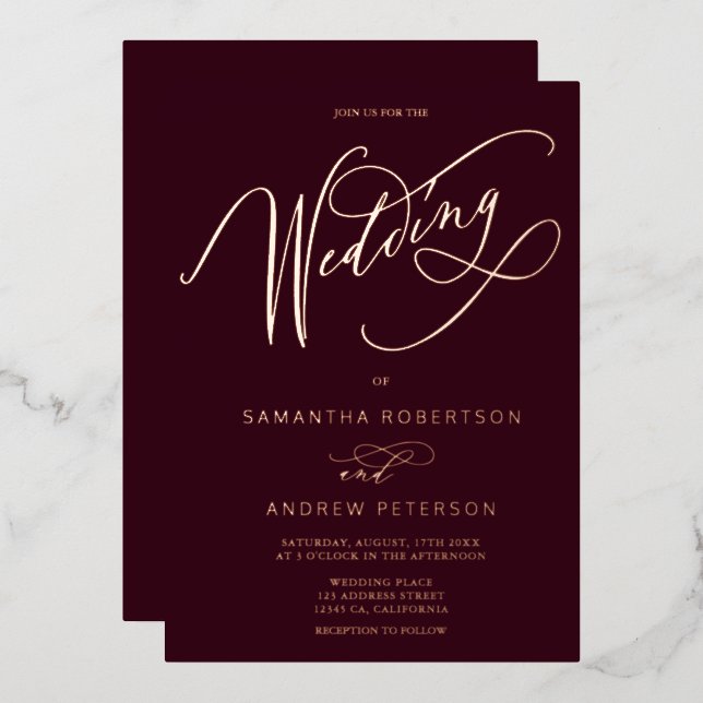 Rose gold red minimalist calligraphy wedding foil invitation (Front/Back)