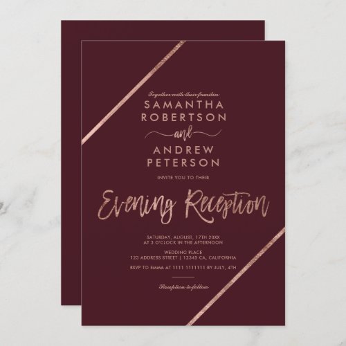 Rose gold red typography evening wedding invitation