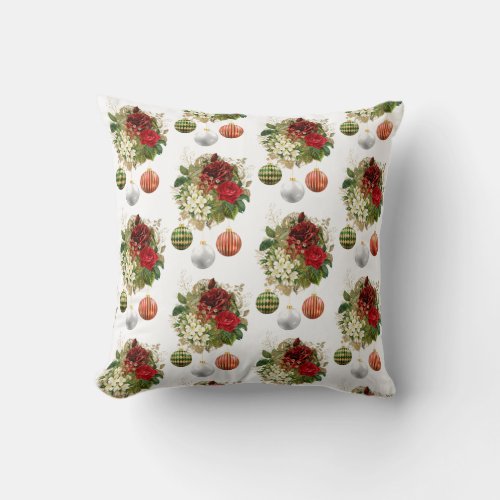 Rose gold red white floral Christmas pattern Throw Pillow