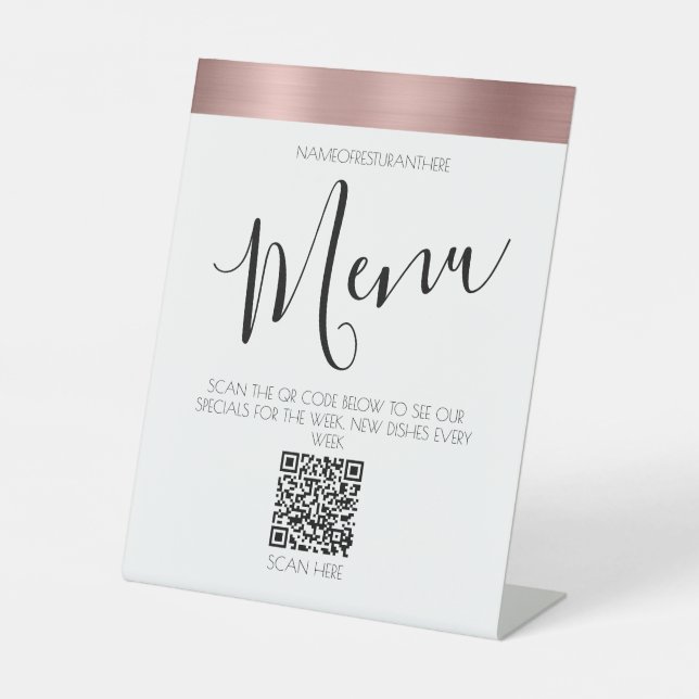 Rose gold restaurant menu QR code pedestal Sign (Front)