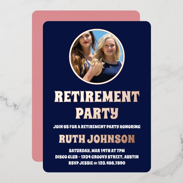 Rose Gold Retirement Party Photo Foil Invitation (Front/Back)