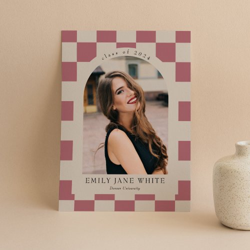 Rose Gold Retro Checkered Arch Photo Graduation Invitation