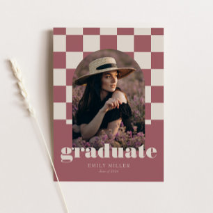 Rose Gold Retro Checkered Arch Photo Graduation Invitation