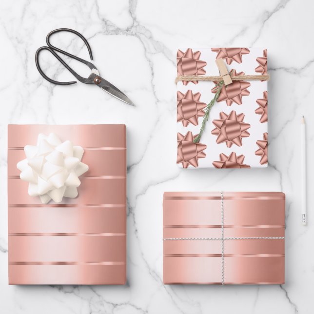 Rose Gold Ribbon Bow Bridal Shower Wrapping Paper Sheets (Front)