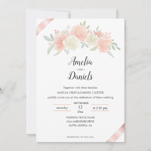 Rose gold Ribbon Pink White Wedding Invitation