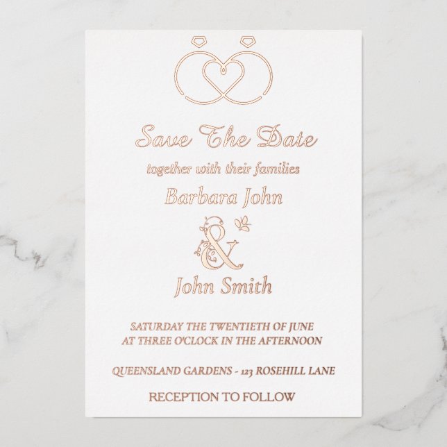 Rose Gold Rings Minimalist Save The Date Card (Front)