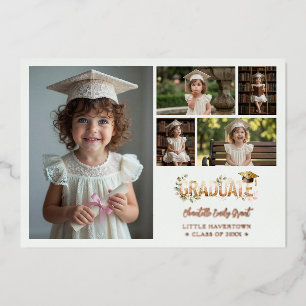 Rose Gold Romantic Floral Pre-K Graduation 5-Photo Foil Invitation