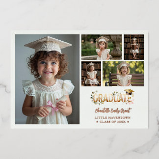Rose Gold Romantic Floral Pre-K Graduation 5-Photo Foil Invitation