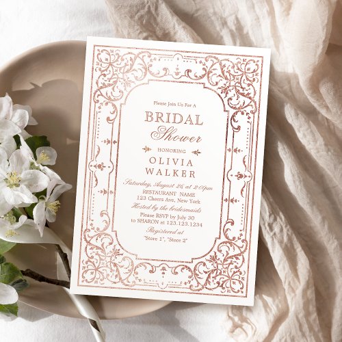 Rose gold romantic ornate vintage bridal shower invitation