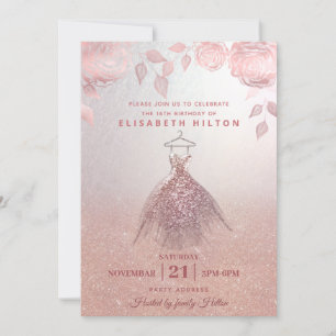Rose gold roses modern Glitter dress sweet sixteen Invitation