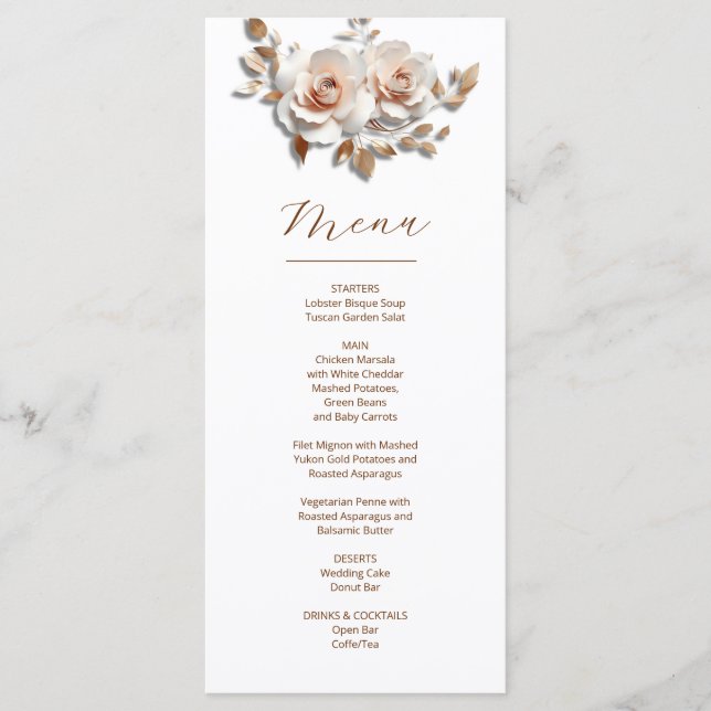 Rose Gold Roses Sculptural 3D Flower Wedding Menu (Front)