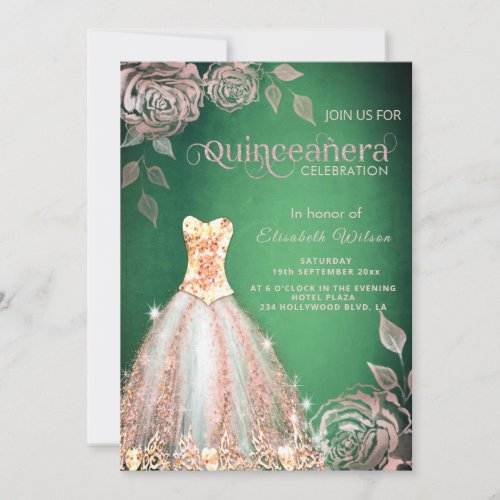 Rose Gold roses sequins dress green Quinceaera Invitation