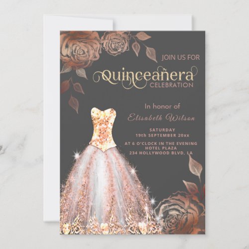 Rose Gold roses trendy  sequins dress Quinceaera  Invitation