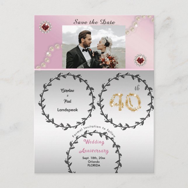 Rose Gold Ruby 40th Anniversary Save the Date Postcard (Front)