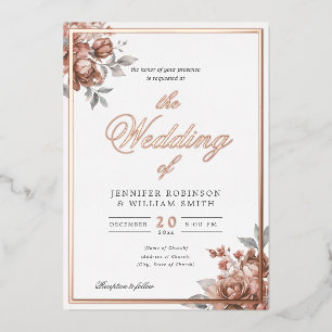 Rose Gold Rustic Floral Elegant Script Wedding Foil Invitation