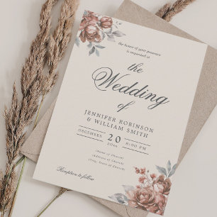 Rose Gold Rustic Floral Elegant Script Wedding Invitation