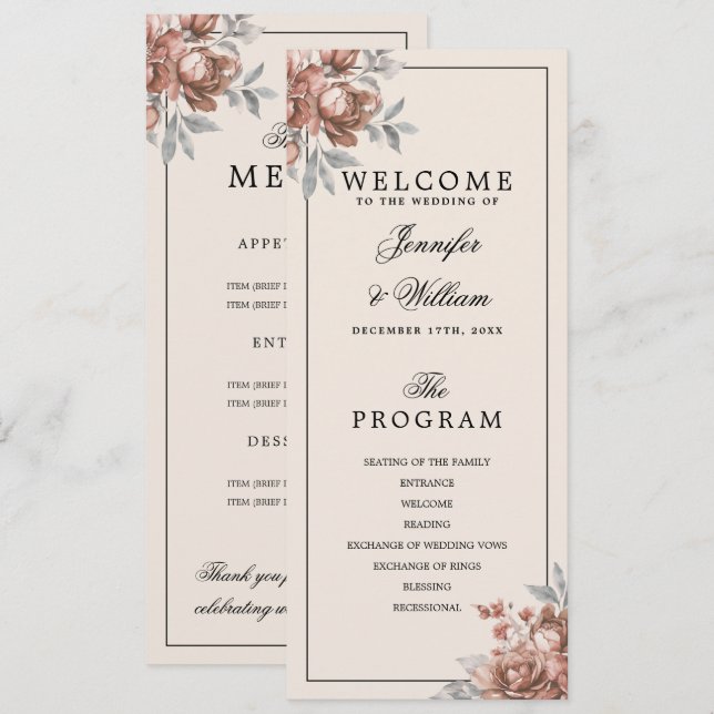 Rose Gold Rustic Floral Wedding Program Menu (Front/Back)