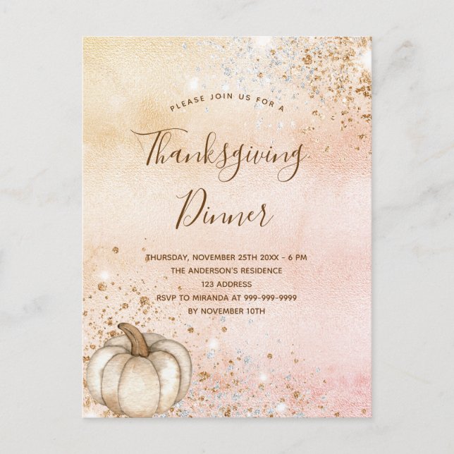 Rose gold rustic pumpkin Thanksgiving Dinner Invitation Postcard (Front)
