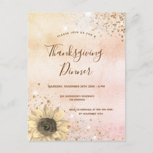 Rose gold rustic sunflower Thanksgiving Dinner Invitation Postcard