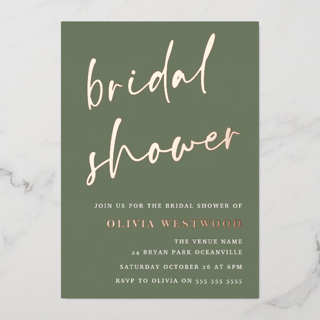 Rose Gold & Sage Green Bridal Shower Modern Foil Invitation (Front)