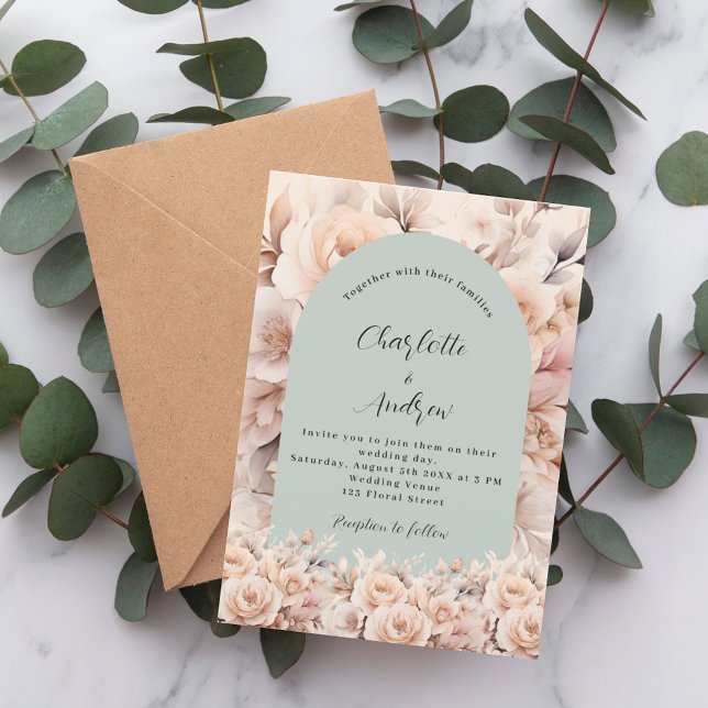 Rose gold sage green floral arch elegant wedding invitation (Creator Uploaded)