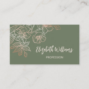 Rose Gold Sage Green Line Art Floral  Business Card