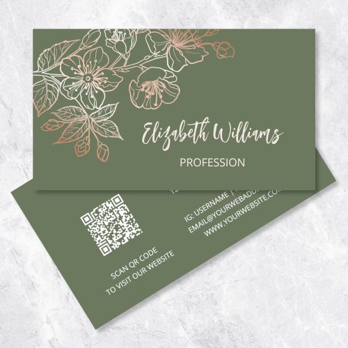 Rose Gold Sage Green Line Art Floral   QR Code Business Card