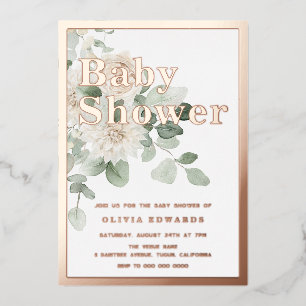 Rose Gold Sage Green White Floral Baby Shower Foil Invitation