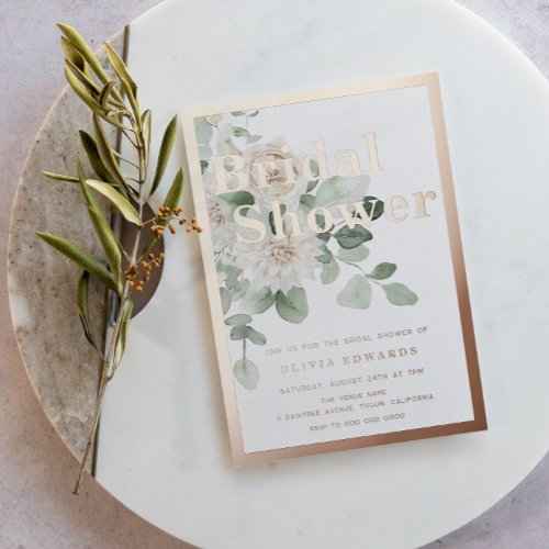 Rose Gold Sage Green White Floral Bridal Shower Foil Invitation