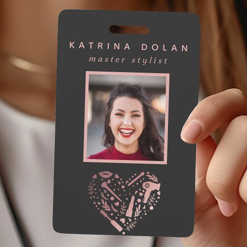 Rose Gold Salon Heart Photo Hair Stylist Badge