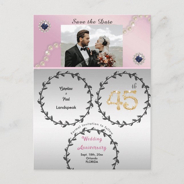 Rose Gold Sapphire 45th Anniversary Save the Date Postcard (Front)