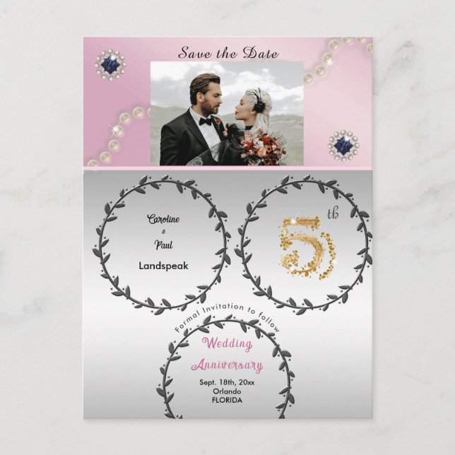 Rose Gold Sapphire 5th Anniversary Save the Date Postcard (Front)