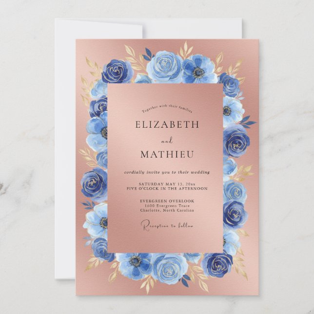 Rose Gold Sapphire Anemone Wedding Invitation (Front)