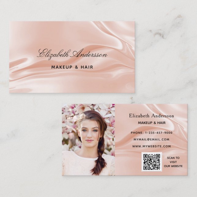 Rose gold satin silk photo elegant QR code Business Card (Front/Back)