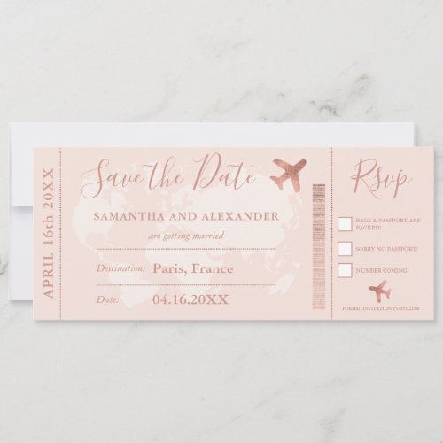 Rose gold Save the date world map boarding pass