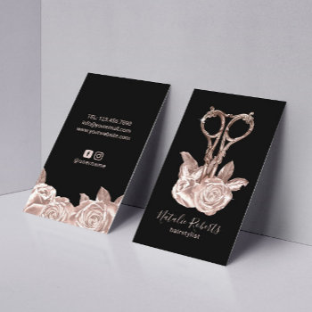 Rose Gold Scissor & Flowers Hair Stylist Salon Business Card by cardfactory at Zazzle