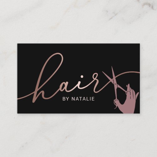 Rose Gold Scissor Hand Hairstylist Typography Hair Business Card