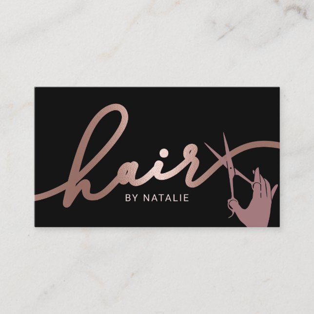 Rose Gold Scissor Hand Hairstylist Typography Hair Business Card (Front)