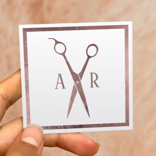 Rose Gold Scissor Logo Minimalist Hair Stylist Square Business Card