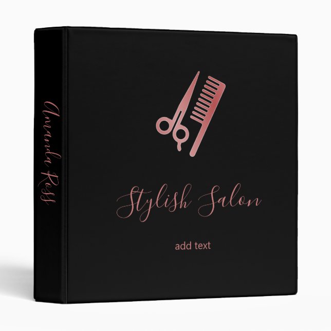 Rose gold scissors and comb black 3 ring binder (Front/Spine)