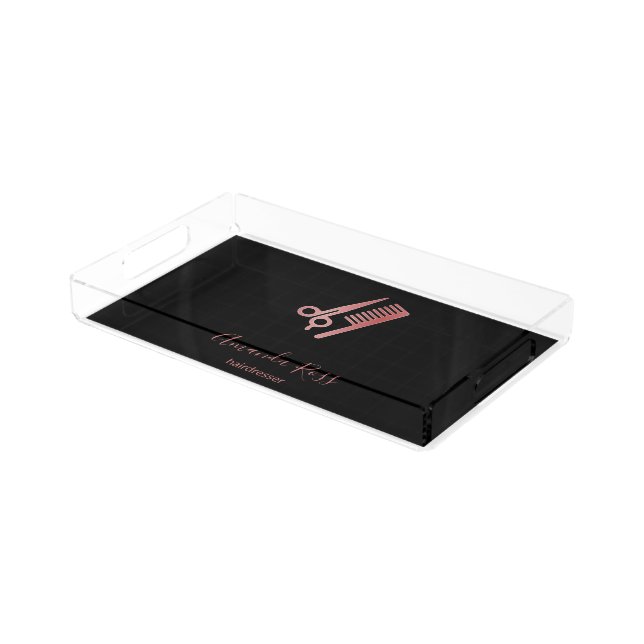 Rose gold scissors and comb black acrylic tray (Angled)