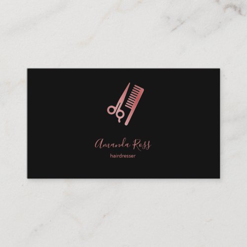 Rose gold scissors and comb black business card