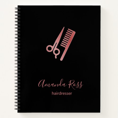 Rose gold scissors and comb black notebook