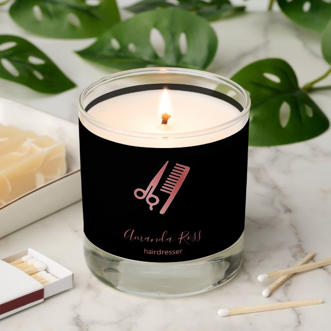 Rose gold scissors and comb black scented candle (Lit)